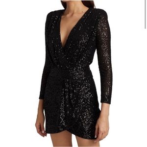 Ramy Brook Becky Dress Black Sequined Mini Dress Surplus Neck Tulip Skirt Sz 6